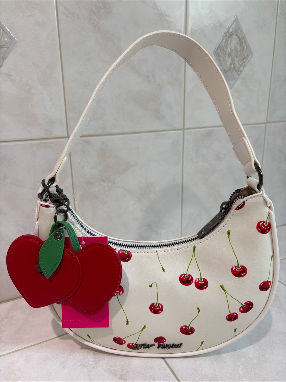 Betsey Johnson Playful White Cherry-Print Shoulder Bag with Red Heart Charms